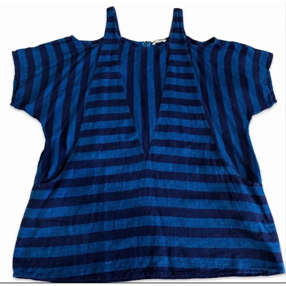 Soft Surroundings Linen Blend Striped Tunic Top Blue Boho Oversized Women’s 12/1